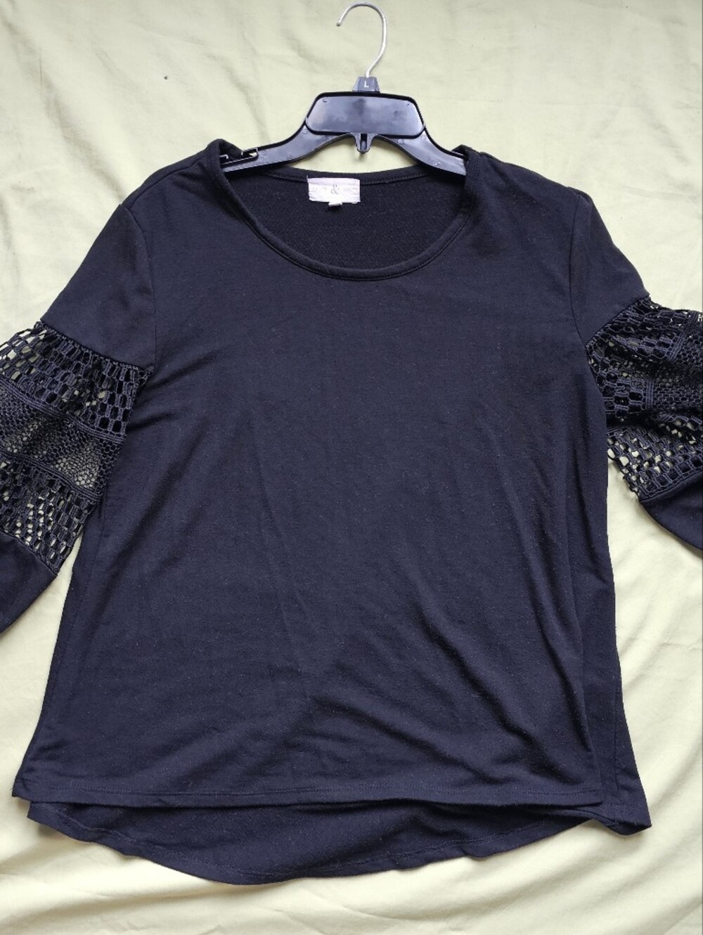 Black Crochet-Sleeve Crewneck Blouse